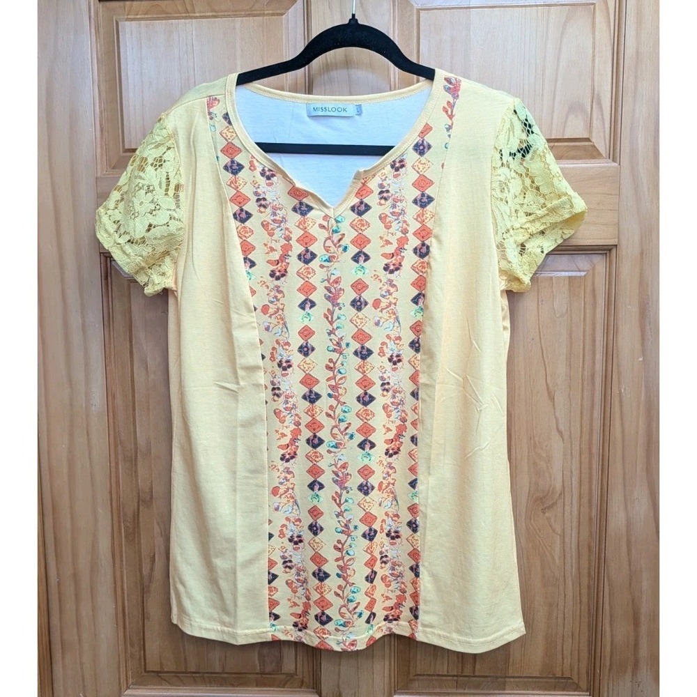 Miss Look Women's Large T Shirt Yellow Short Lace Sleeves V Neckline